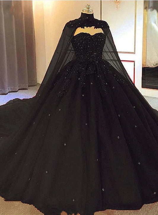 Black Tulle Ball Gown Wedding Party Dress with Cap, Black Lace Formal Gown