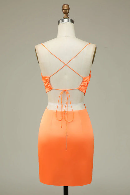 Orange thin shoulder strap backless short Cocktail Dresses