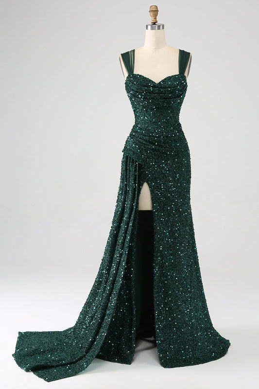 Dark green sequin pleated thigh slit long prom dress