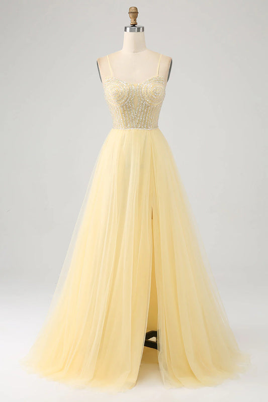 Thin gauze beaded light yellow slit prom dress