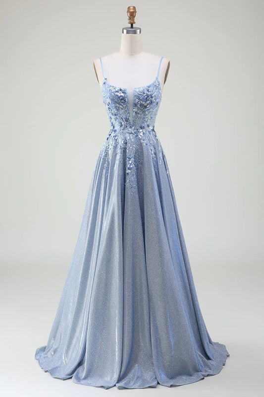 Sequin A-line thin shoulder strap gray blue prom dress