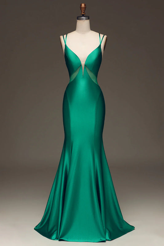 Green deep V-neck satin fishtail tie prom dress