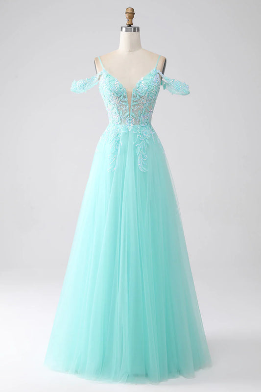 Light green off shoulder sequin prom dress