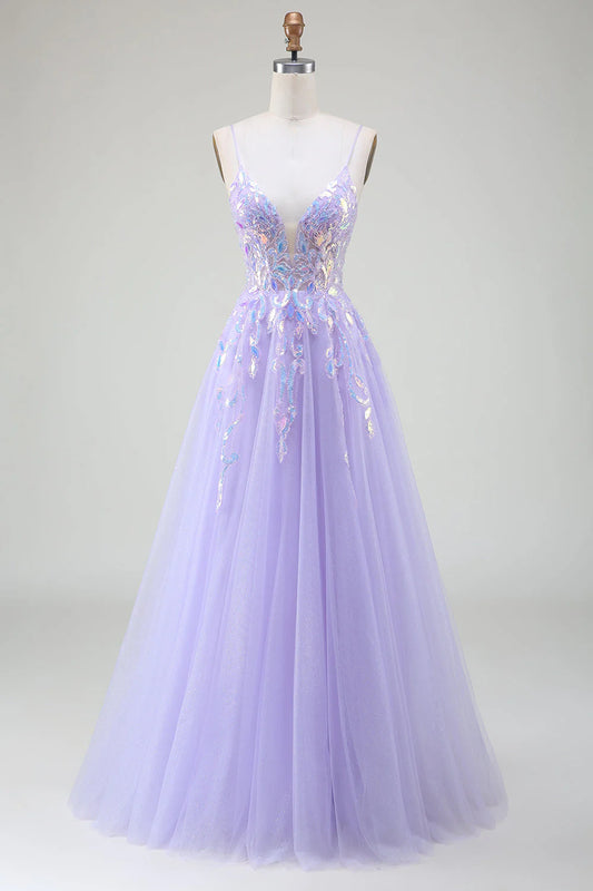 Sparkling A-shaped purple prom dress