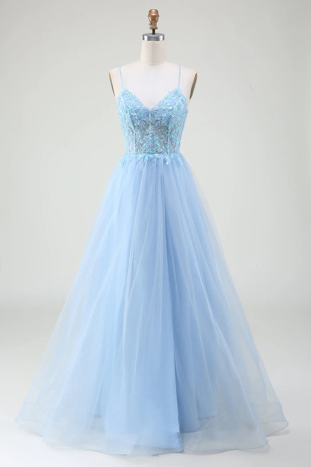 Light blue beaded thin shoulder strap backless tight corset prom dress