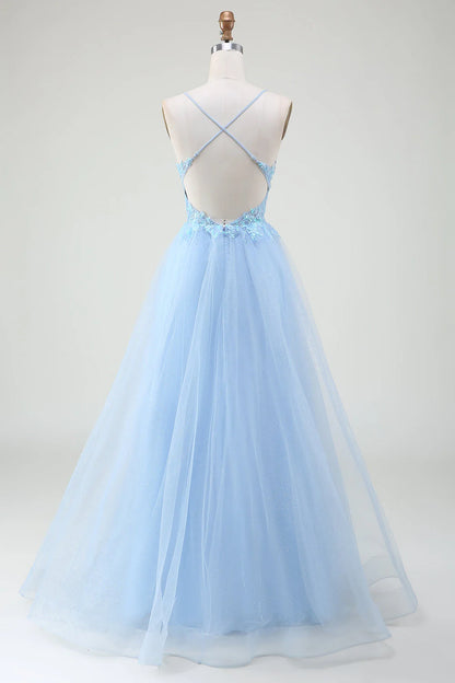 Light blue beaded thin shoulder strap backless tight corset prom dress