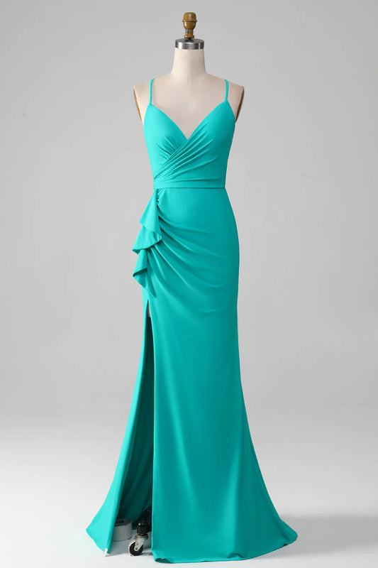 Turquoise color thin shoulder strap with exposed back mermaid pleated prom dress