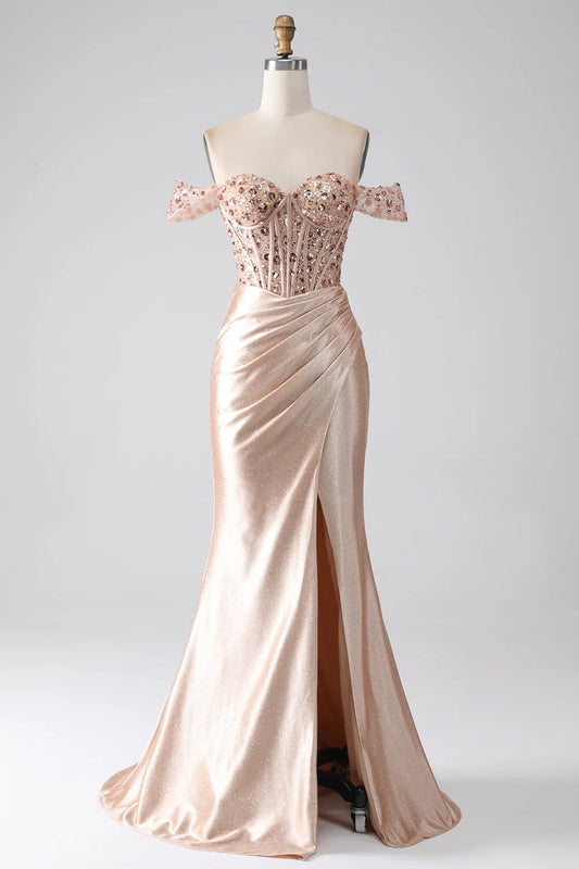 Mermaid champagne tight fitting corset prom dress