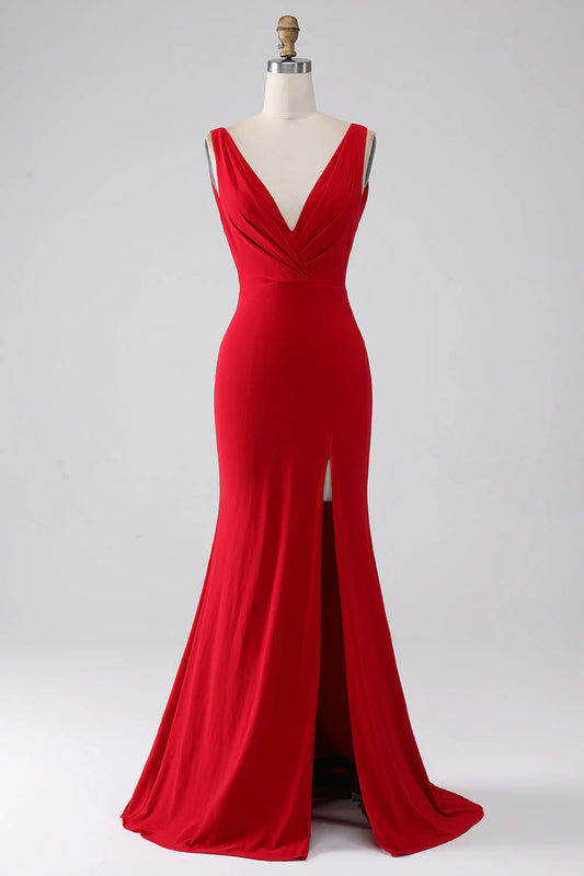 Fish tail V-neck red slit prom dress