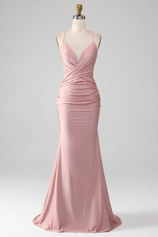 Shiny powder blusher beaded long fishtail prom dress