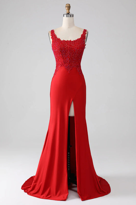 Red slit beaded long prom dress