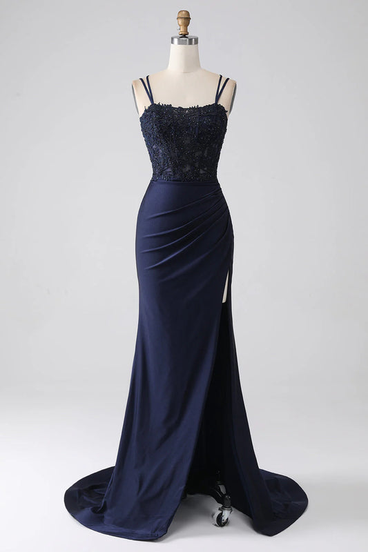 Lotus edge fish tail skewers in Zhuhai military blue prom dress