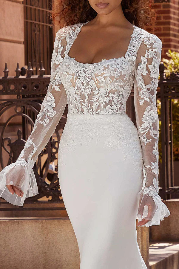 Fishtail Wedding Dress Square Neck Long Sleeve Bohemian Style Wedding ...