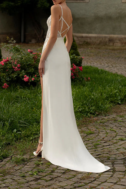 Thin shoulder V-neck satin pleated bohemian wedding dress