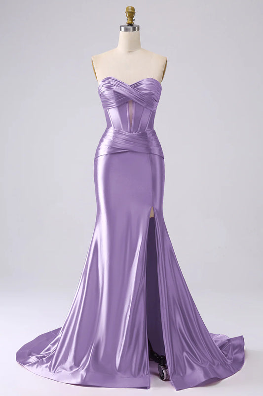 Sparkling clove colored fish tail sweetheart tight fitting corset with long slit prom dress