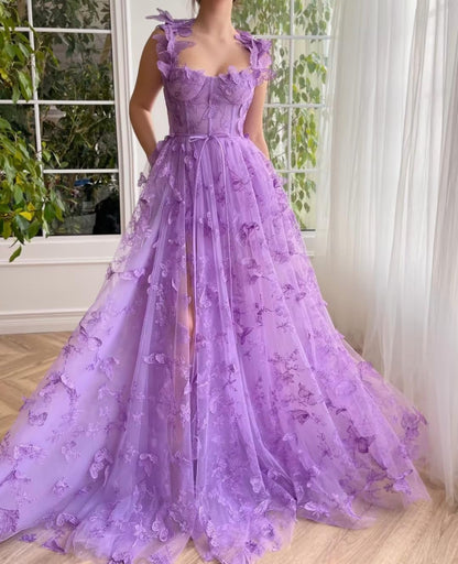 Long Tulle Prom Dress 3D Butterflies Dress Ball Gown Evening Party Wedding Guest Formal Dress Slit