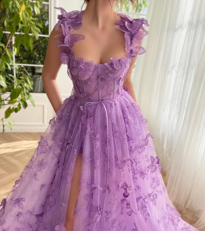 Long Tulle Prom Dress 3D Butterflies Dress Ball Gown Evening Party Wedding Guest Formal Dress Slit