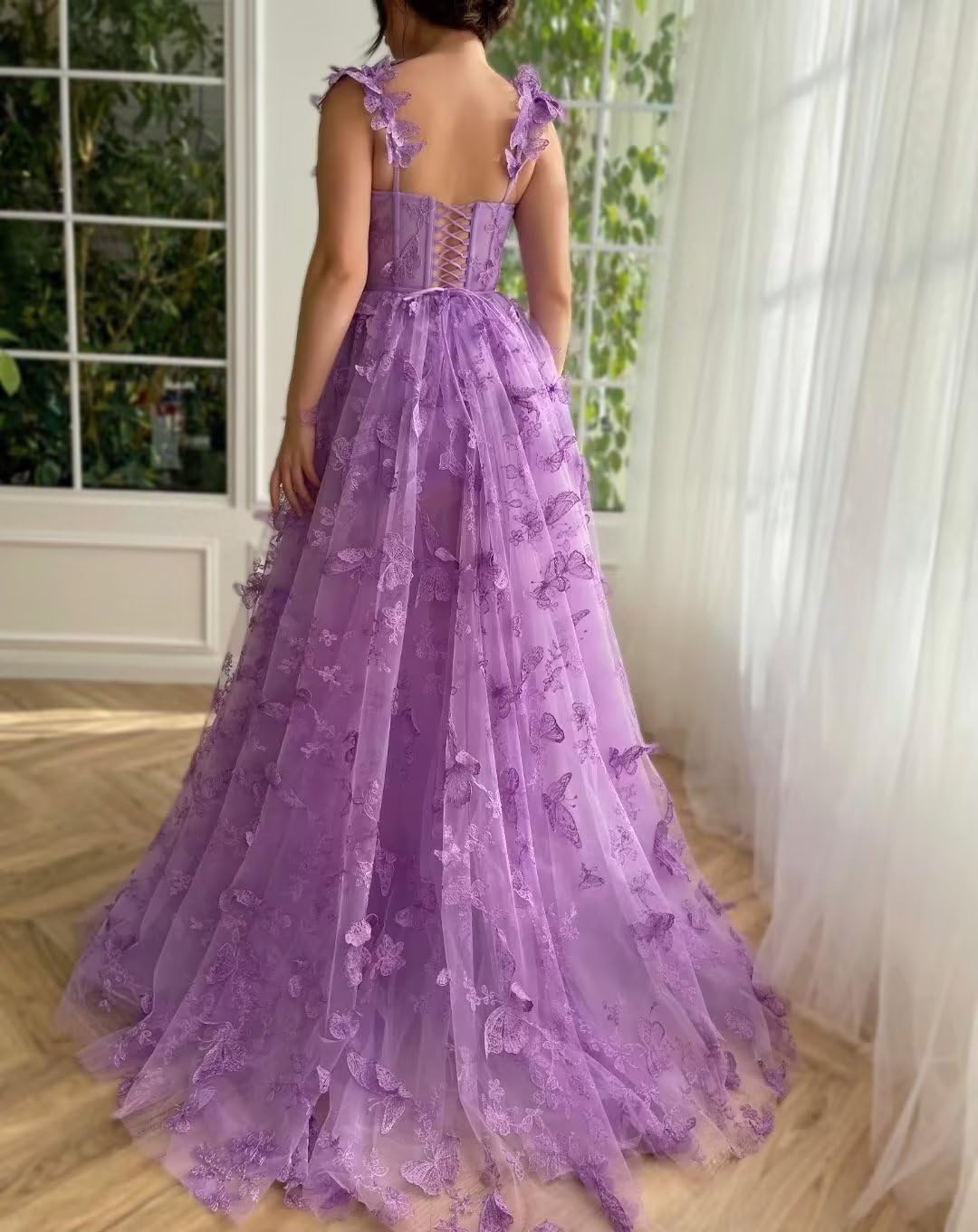 Long Tulle Prom Dress 3D Butterflies Dress Ball Gown Evening Party Wedding Guest Formal Dress Slit