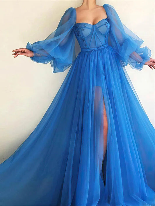 Long Sleeves A Line Tulle Floor-Length Prom Dresses With Slit