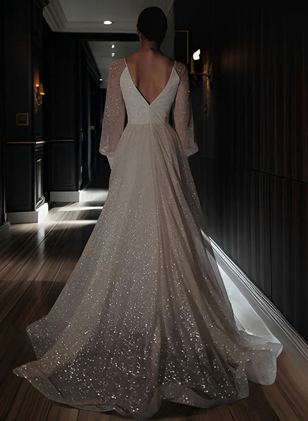 A-line/Princess V-neck and floor wedding dress