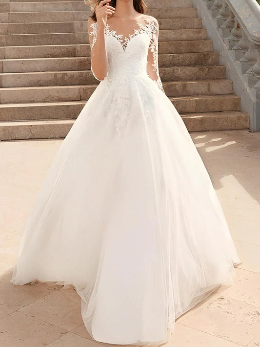 Applique A-line/Princess Transparent Collar Lace Wedding Dress