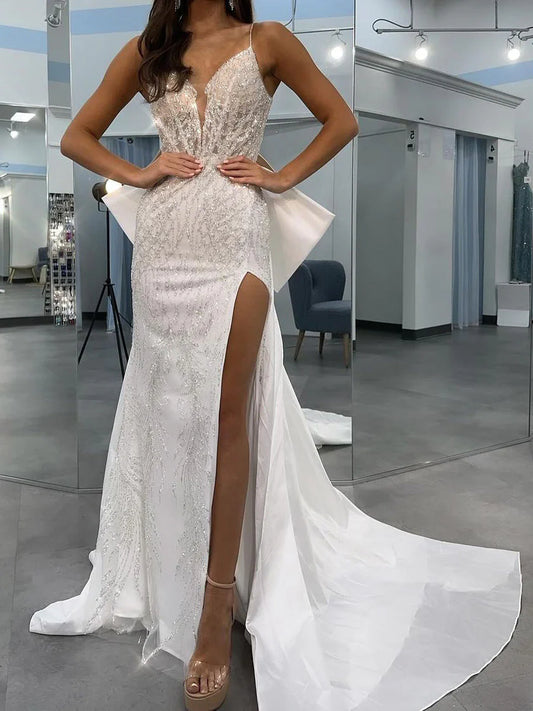 Tight fit/straight slim shoulder strap V-neck sequin split wedding dress