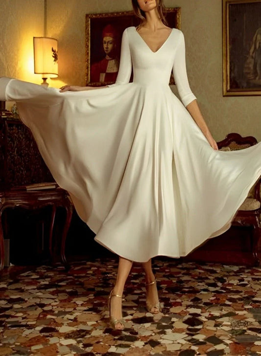 A-line/Princess V-neck Tea Long Wedding Dress