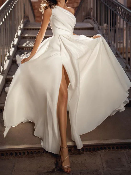 A-line/Princess One Shoulder and Floor Length Split Wedding Dress