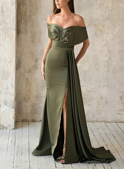 Horn/fishtail shoulder satin pleats mother of the bride dress