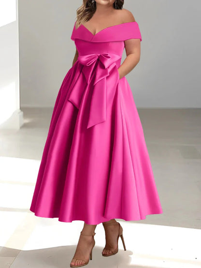 A-line/Princess Off Shoulder Plus Size with Pocket Mother of the bride dress