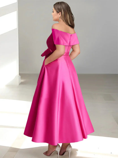 A-line/Princess Off Shoulder Plus Size with Pocket Mother of the bride dress