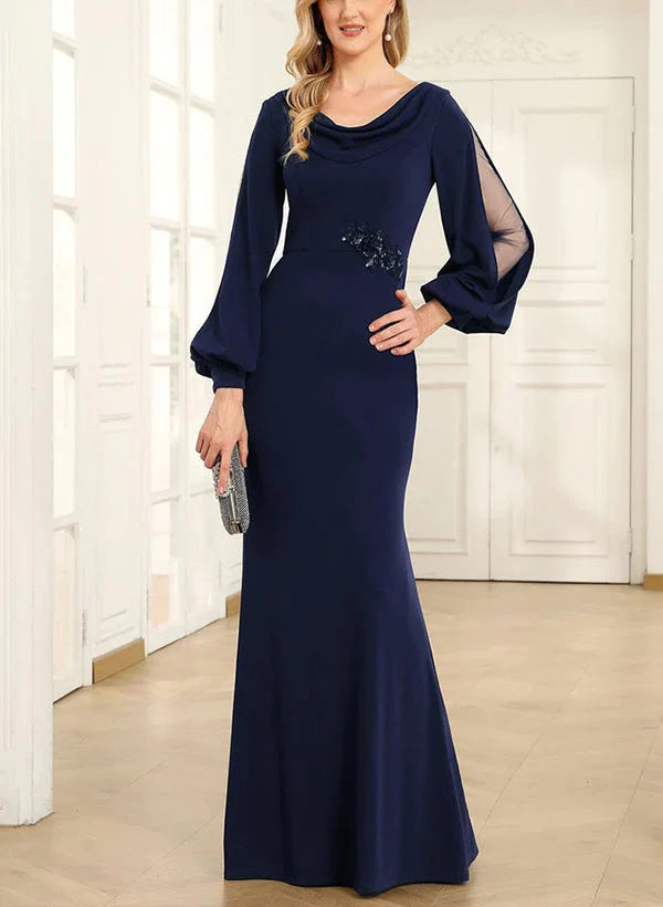 Tight fit/column style lapel long sleeved to ground length mother of the bride dress