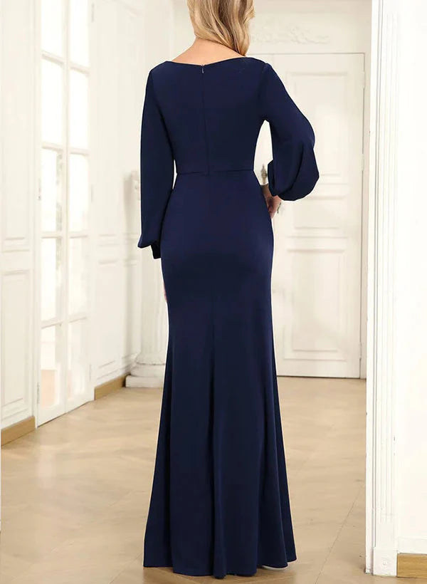 Tight fit/column style lapel long sleeved to ground length mother of the bride dress