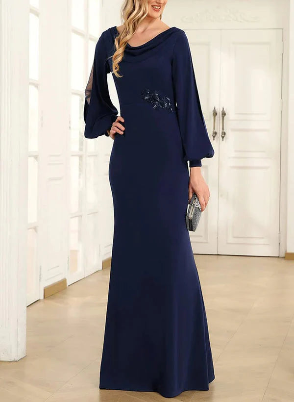 Tight fit/column style lapel long sleeved to ground length mother of the bride dress