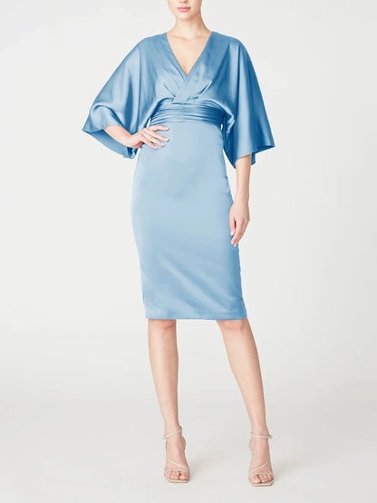 Slim fit/column V-neck mid sleeve knee length ruffled edge mother of the bride dress