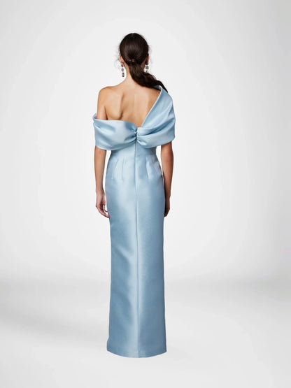 Tight fit/column off shoulder short sleeved and ground length slit mother of the bride dress