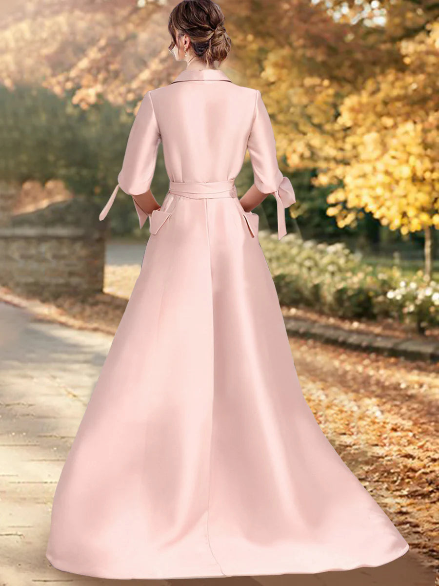 A-line/Princess V-neck 1/2 sleeve floor long shoulder strap mother of the bride dress