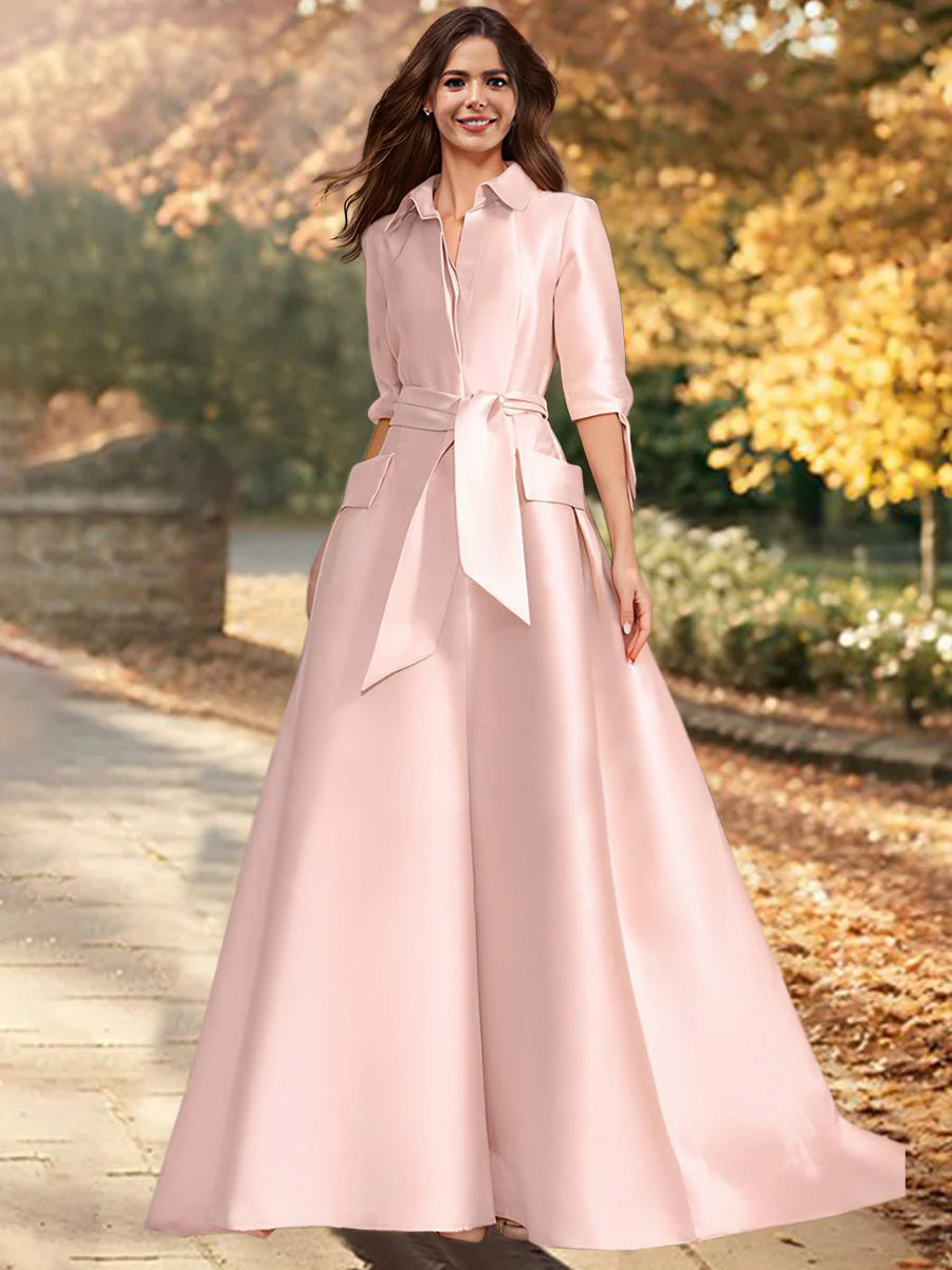 A-line/Princess V-neck 1/2 sleeve floor long shoulder strap mother of the bride dress