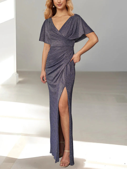 Tight fit/column hanging sleeve with deep V-neck and ground length slit mother of the bride dress