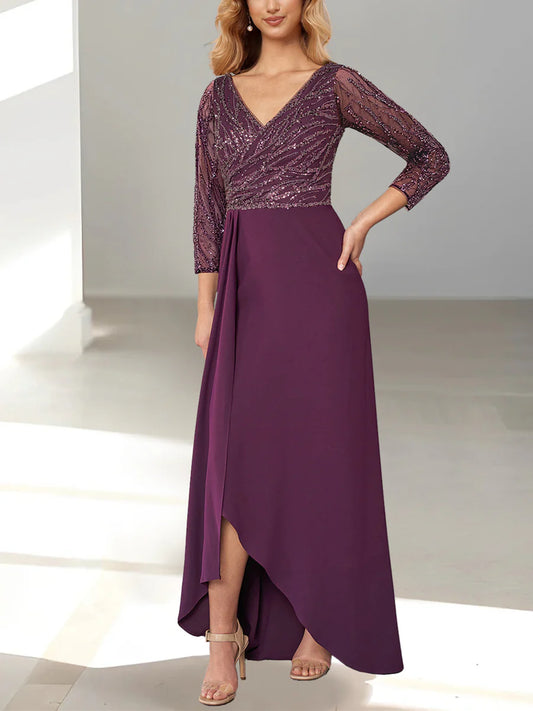 A-line/Princess V-neck long sleeved asymmetrical sequins mother of the bride dress