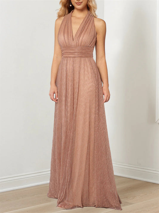 A-shaped/Princess V-shaped metallic neck and floor length mother of the bride dress