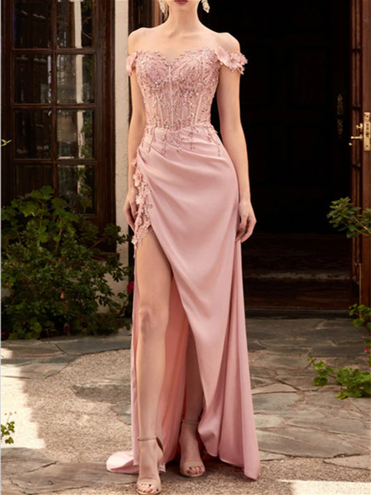 A-shaped/Princess Sweetheart Off Shoulder Lace Embroidery and Floor Length Evening Dress