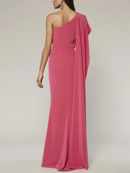 Tight fit/column one shoulder sleeveless Huatuo train tail evening dress