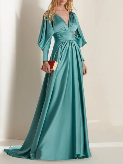 A-line/Princess V-neck long sleeved pleats and ground evening dress