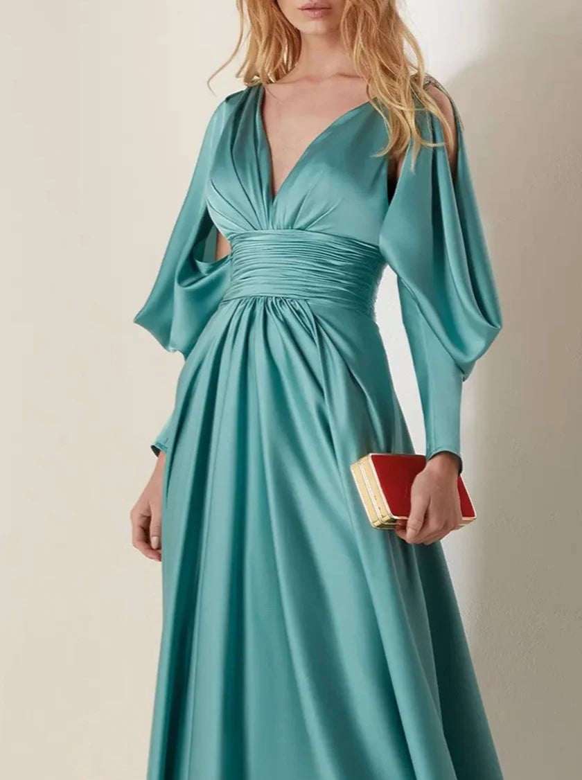 A-line/Princess V-neck long sleeved pleats and ground evening dress