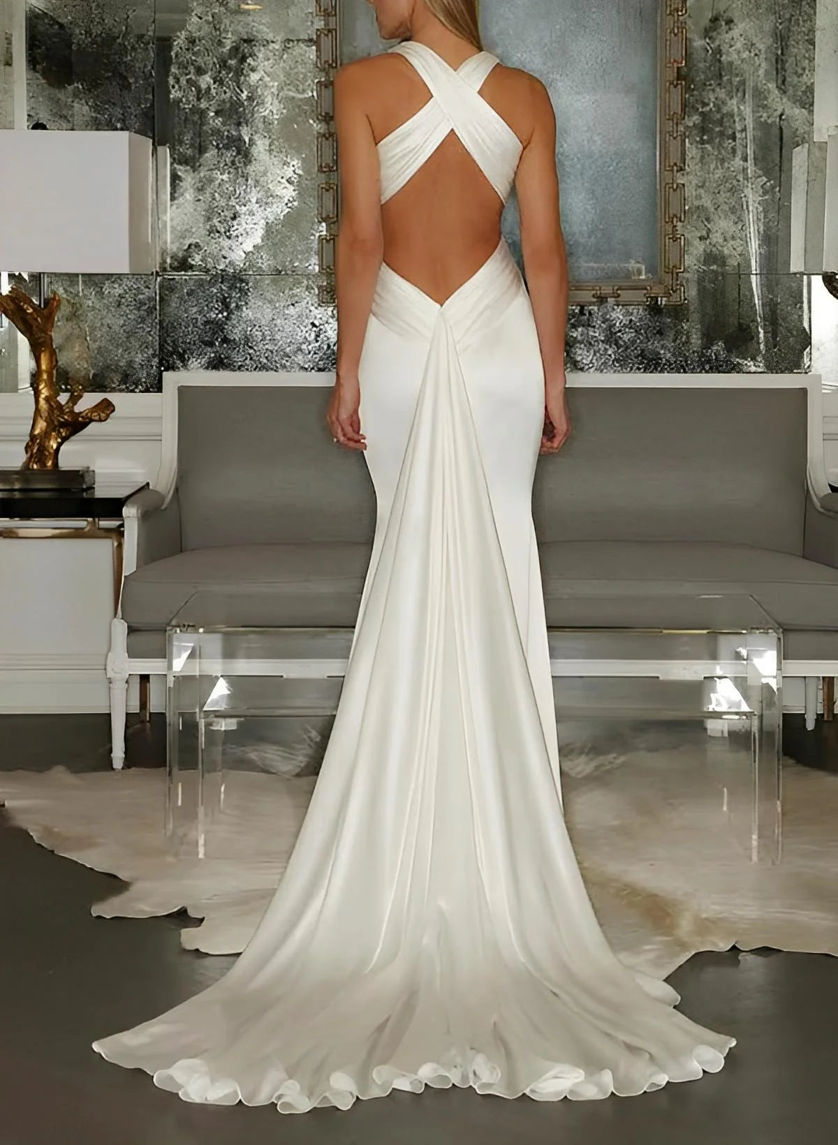 Trumpet/fishtail V-neck and floor wedding dress