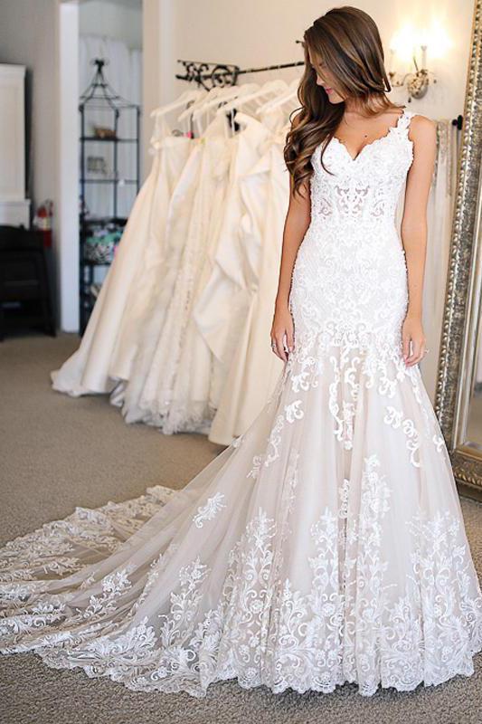 Mermaid Lace Applique Sweetheart Ivory Wedding Dresses Long Wedding Dresses