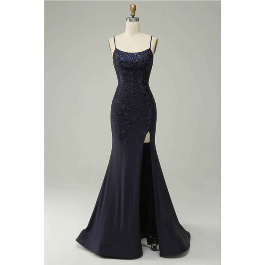 Navy Blue Split Strapless Sweetheart Beaded Prom Dress