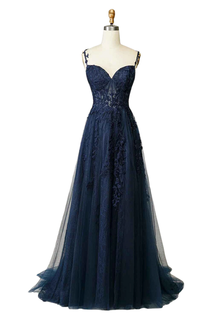 A Line Thin Shoulder Strap Open Back Navy Blue Applique Prom Dress