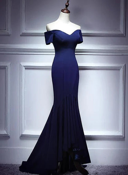 Navy Blue Mermaid Sweetheart strapless backless long evening dress, blue sleeveless and floor length evening dress